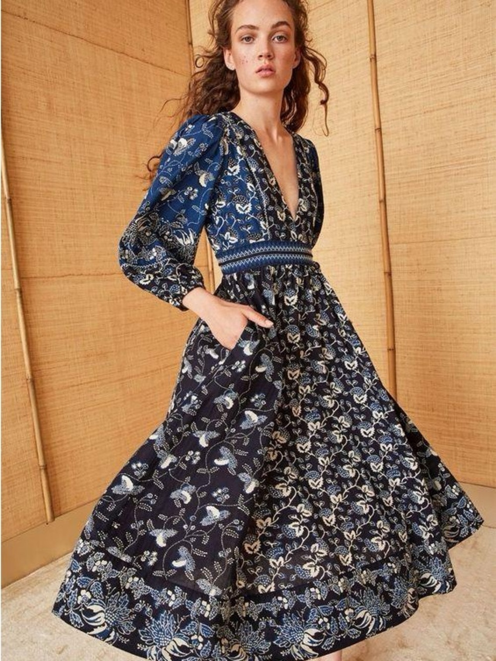 Ulla Johnson Navy and Cream Floral Patchwork Midi Dress